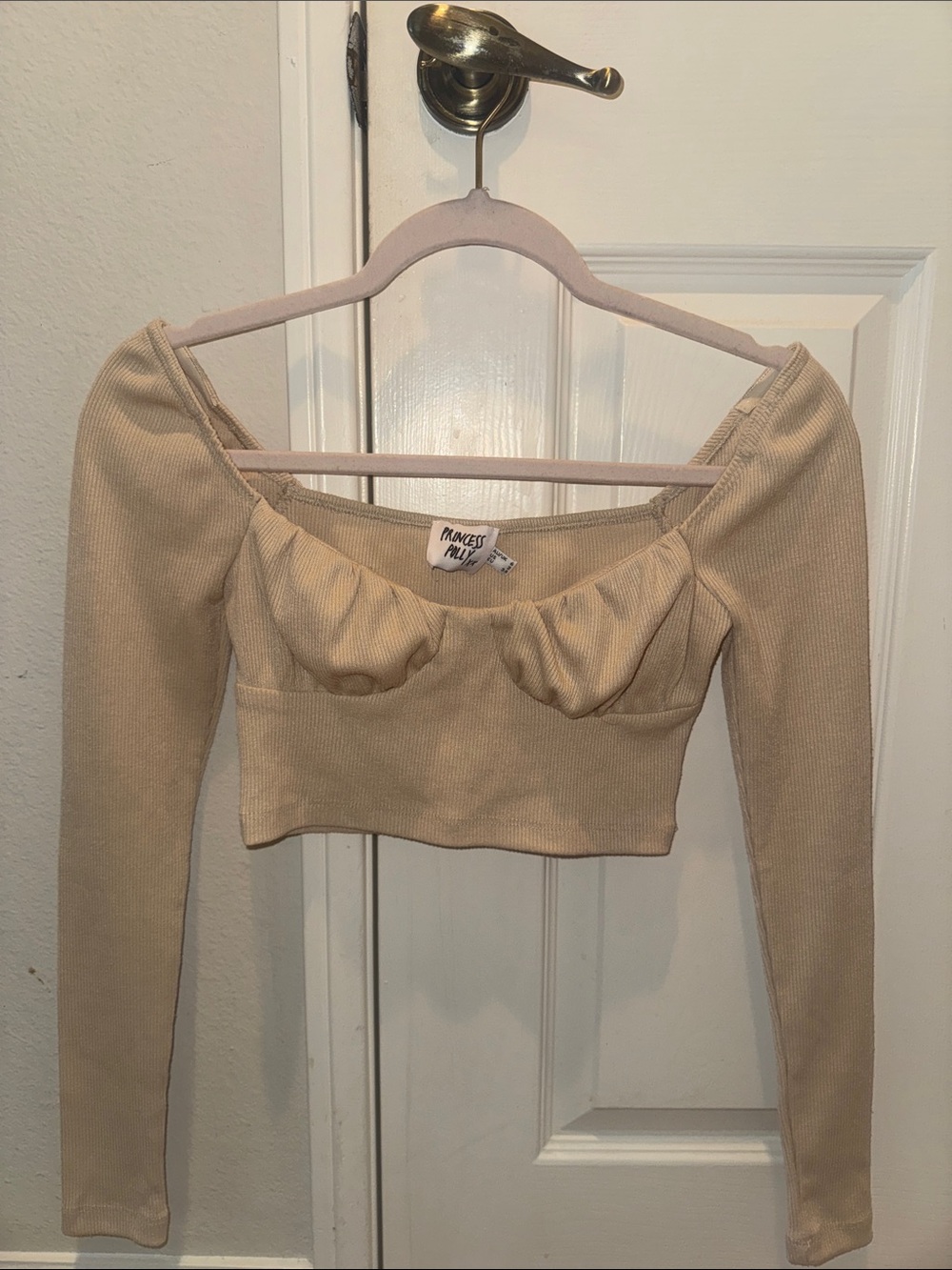 Princess Polly Beige Ribbed Long Sleeve Cropped Bustier Top